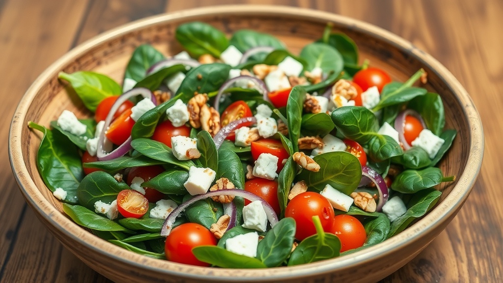 Fresh and Vibrant Spinach Salad Recipe A fresh spinach salad with tomatoes, onions, feta cheese, and nuts, served in a rustic bowl.